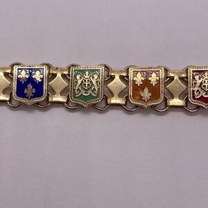 Vintage 1950’s Enamel Joan of Arc Themed French Fleur de lis Souvenir Bracelet